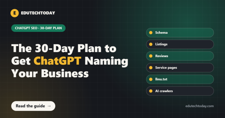 ChatGPT SEO for local businesses: a 30-day plan covering schema, listings, reviews, service pages, llms.txt and AI crawlers